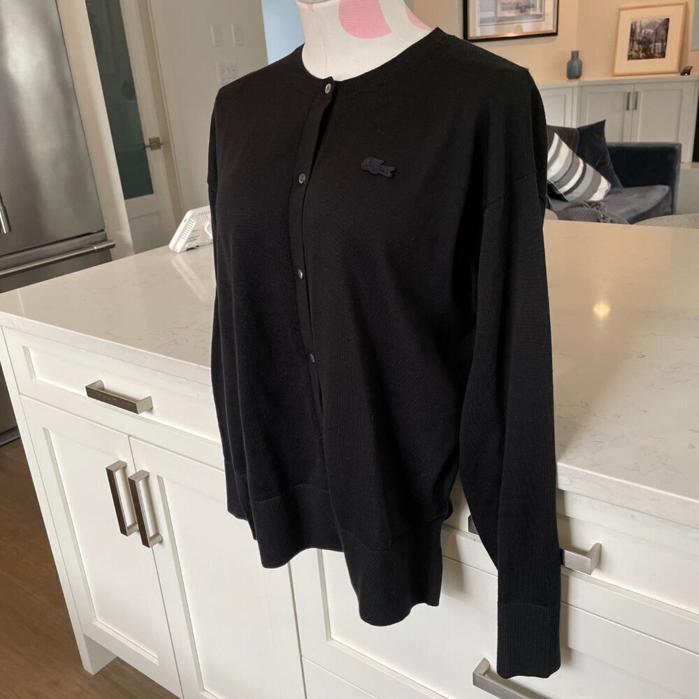Lacoste LS Crew Neck Relaxed Fit 100% Cotton Knit Cardigan Sweater Black Sz 34 - Picture 3 of 12